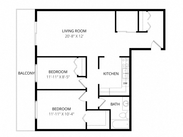 Floor plan for 2 beds, 1 bath, 920 sqft
